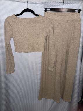 Oatmeal Ribbed Knit Crop Top and Wide Leg Pants Lounge Set
